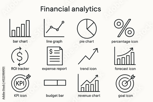 Financial analytics icons: charts, graphs, metrics, roi, budget
