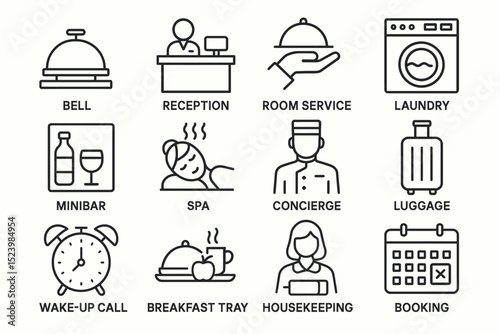 Hotel service icons: bell, reception, room service, laundry, minibar, spa, concierge
