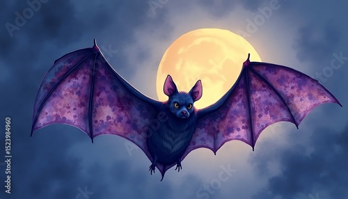 Cartoon Bat Flying at Night with Full Moon Background Illustration