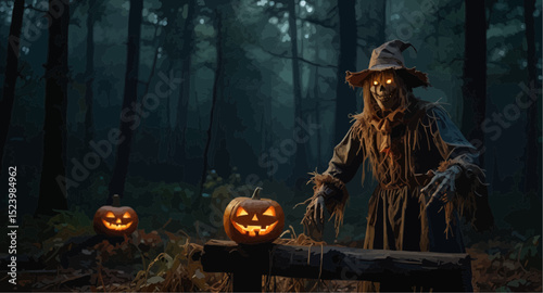 A scarecrow stands among trees in the woods, surrounded by vibrant orange pumpkins on the forest floor.  