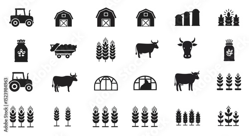 Black Silhouette Icons of Farm Elements Tractors Barns Cows and Wheat