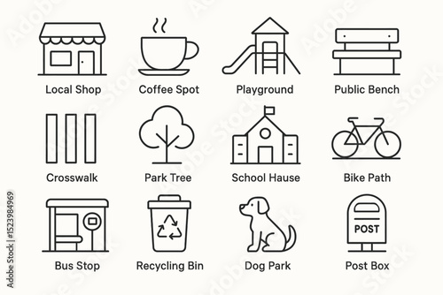 Street icon set: shop, coffee, playground, bench, crosswalk, park, school, bike path, bus, recycling, dog park, post box
