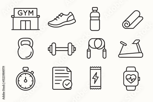 Fitness and gym linear icons set: equipment and accessories