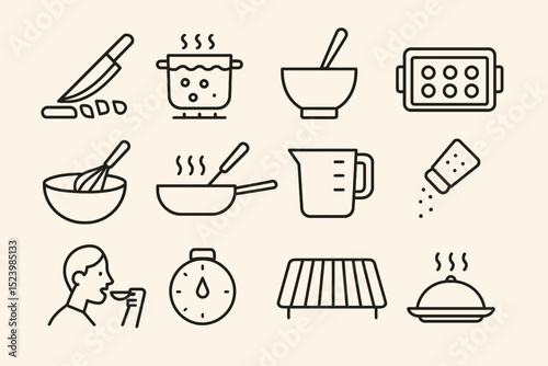 Kitchen icons set featuring cooking tools and food preparation elements