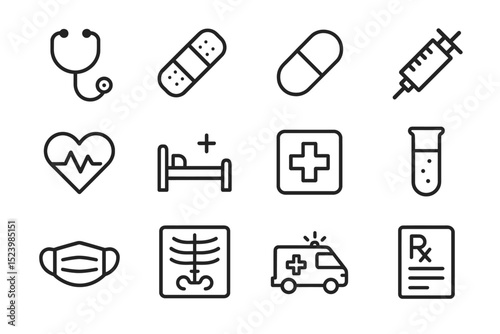 Medical icons set: stethoscope, syringe, pills, heartbeat, ambulance, medical bed, mask, x-ray