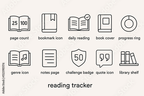Minimalist reading tracker icons: page count, bookmark, daily reading, progress ring