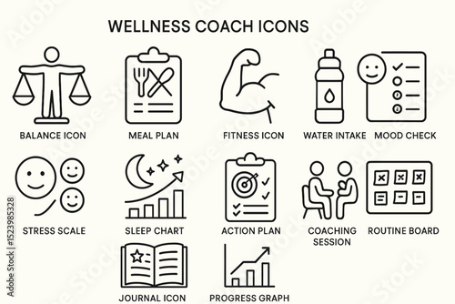 Healthy lifestyle icons: balance, fitness, nutrition, hydration, mental health, sleep, coaching