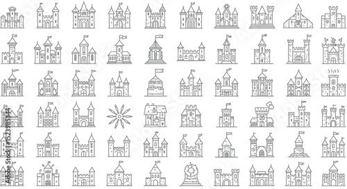 Collection of Intricate Line Art Castle Illustrations with Varying Architectural Styles
