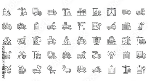 Diverse collection of outlined construction and transport icons including cranes and trucks