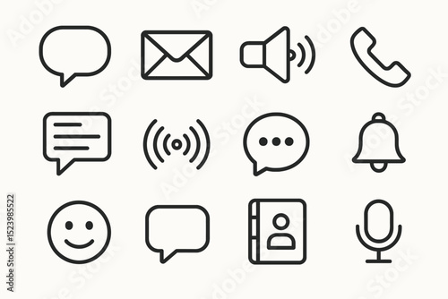 Minimalist communication icons set: mail, phone, bell, microphone, speech bubbles