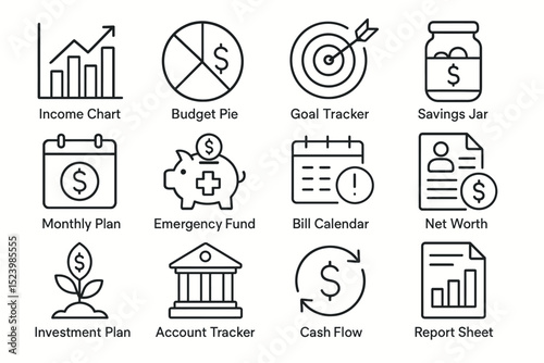 Financial management icons: budget, savings, investments, and planning