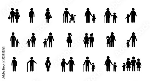 Diverse family and individual stick figure icons representing various life stages and relationships