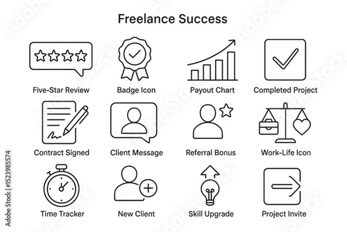 Freelance icons: success elements with reviews, charts, and tools