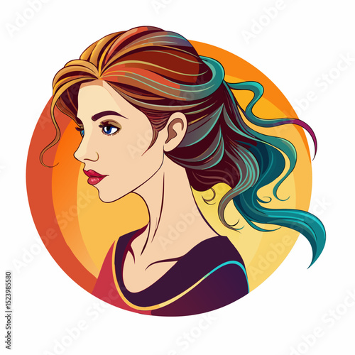 A stylized portrait of a woman with red-brown hair that fades into teal towards the ends.