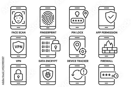 Smartphone security icons: face scan, fingerprint, vpn, encryption, firewall