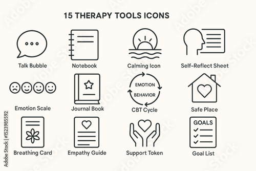 15 therapy tools icons: emotional support and mental health resources