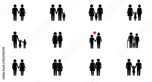 Diverse family stick figures couples parents with children and intergenerational family