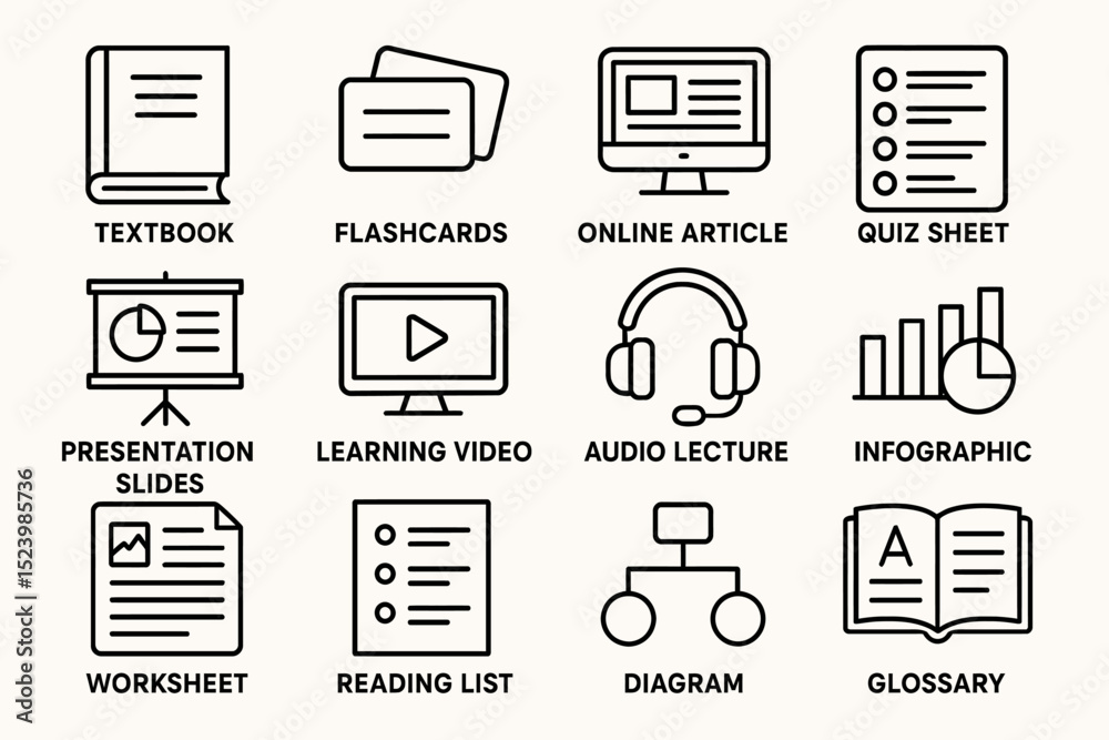 Educational tools and resources icons set: textbook, flashcards, online article, quiz sheet, presentation slides, learning video, audio lecture, infographic, diagram Educational tools and resources icons set: textbook, flashcards, online article, quiz sheet, presentation slides, learning video, audio lecture, infographic, diagram