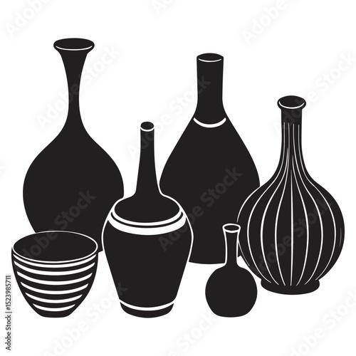 Set of icons of vases, clay amphorae. Black silhouette of vessels of different shapes. Vector illustration, Detailed illustration of ancient greek pottery ceramic vases silhouettes.Modern illustration