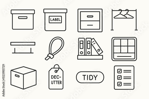 Minimalist storage and organization icons for home decluttering