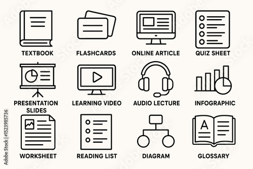 Educational tools and resources icons set: textbook, flashcards, online article, quiz sheet, presentation slides, learning video, audio lecture, infographic, diagram