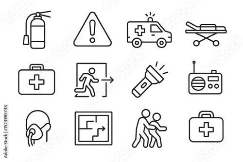 Emergency preparedness icons: first aid, ambulance, fire extinguisher, evacuation plan