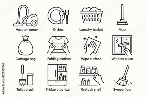 Household chores icons: vacuum, dishes, laundry, cleaning, organizing
