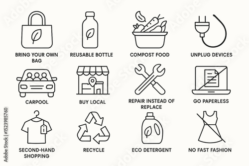 Eco-friendly lifestyle icons promoting sustainability and green practices
