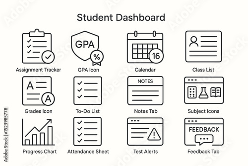 Student dashboard icons: gpa, calendar, subjects, attendance, grading tools