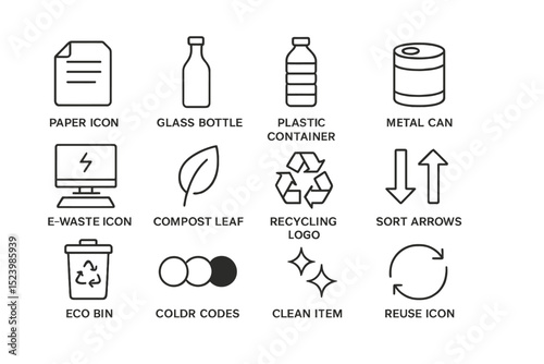 Recycling icons set: paper, glass, plastic, metal, e-waste, compost, arrows, eco, colors, reuse
