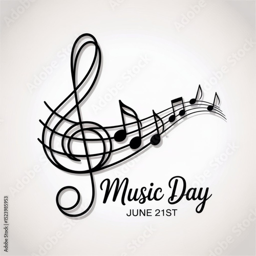 World Music Day in  June 21  simple vector  with treble clef sign and musical notes. One continuous line drawing with text Music Day. vector illustration on white background.
