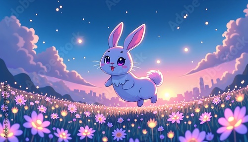 Cartoon Rabbit Floating Above Flower Field with Cityscape at Dusk