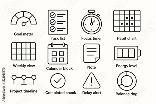 Productivity icons: task list, focus timer, habit chart, energy level, project timeline