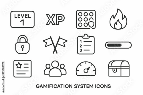 Gamification system icons: level, xp, fire, lock, progress bar, treasure chest