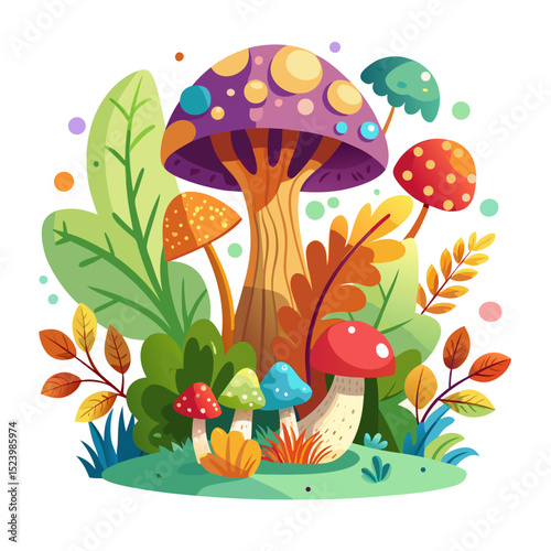 Red amanita toadstool mushrooms in green grass vector illustration