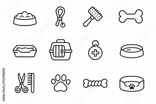 Pet supplies outline icon set with pet bowls and accessories