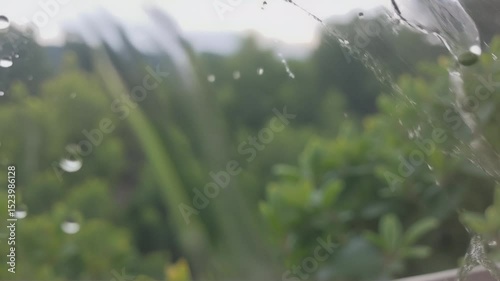 Out-of-focus view of greenery through a window covered in raindrops