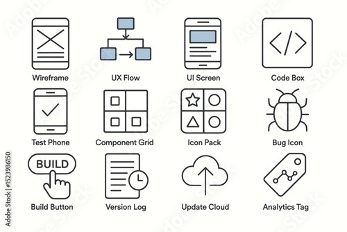 Wireframe ui icons: ux flow, code box, test phone, bug icon, update cloud
