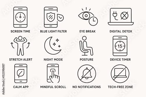 Digital wellness icons: screen time, blue light filter, eye break, digital detox, calm app