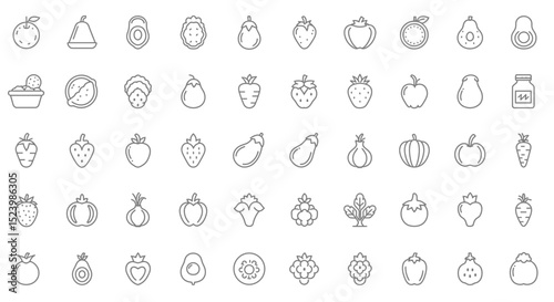 Minimalist Outlined Icons of Assorted Fruits and Vegetables in a Grid Pattern