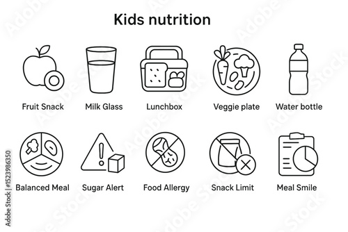 Icons for kids nutrition: fruit, milk, lunchbox, veggies, water, balanced meals, food alerts