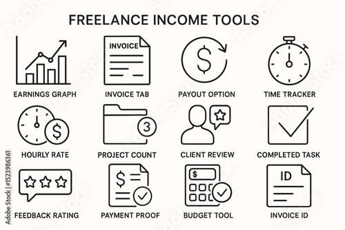 Freelance income tools icons: earnings graph, invoice, payout, tracker, review