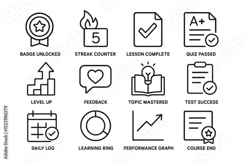 Achievement icons set: education badges and progress symbols for e-learning platforms
