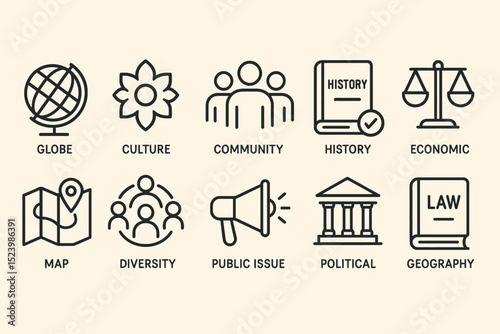Icons representing culture, community, history, economics, and geography