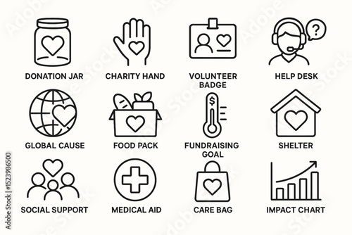 Icons representing charity and support services for global causes