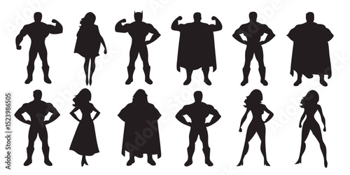 Collection of superhero silhouettes in various poses wearing capes and costumes on a transparent background, vector art