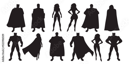 Silhouettes of various superhero figures standing in different poses against a transparent background space, vector art
