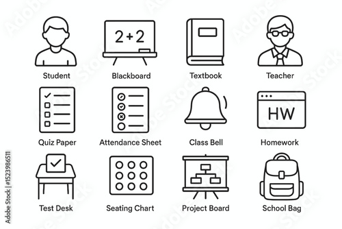 Educational icons: student, blackboard, textbook, teacher, school essentials