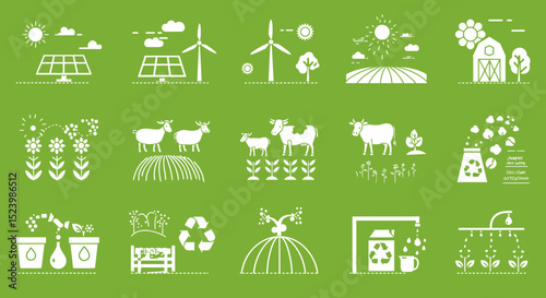 Sustainable agriculture and renewable energy icons in white on green background