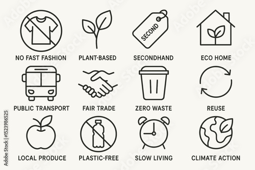 Sustainable living icons: zero waste, fair trade, eco home, plastic-free, secondhand